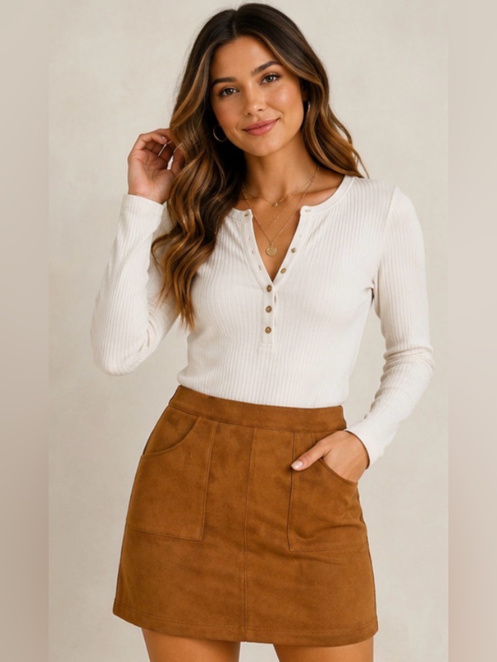 394 Wild Honey Tan Faux Suede Mini Skirt Western Boho Pocket Skirt Size Medium